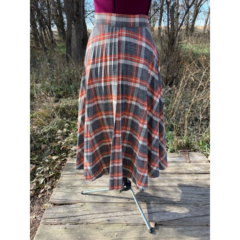 Vintage 1970s Wool Blend Plaid Pleated Skirt Gray Orange Size M - Picture 8 of 11
